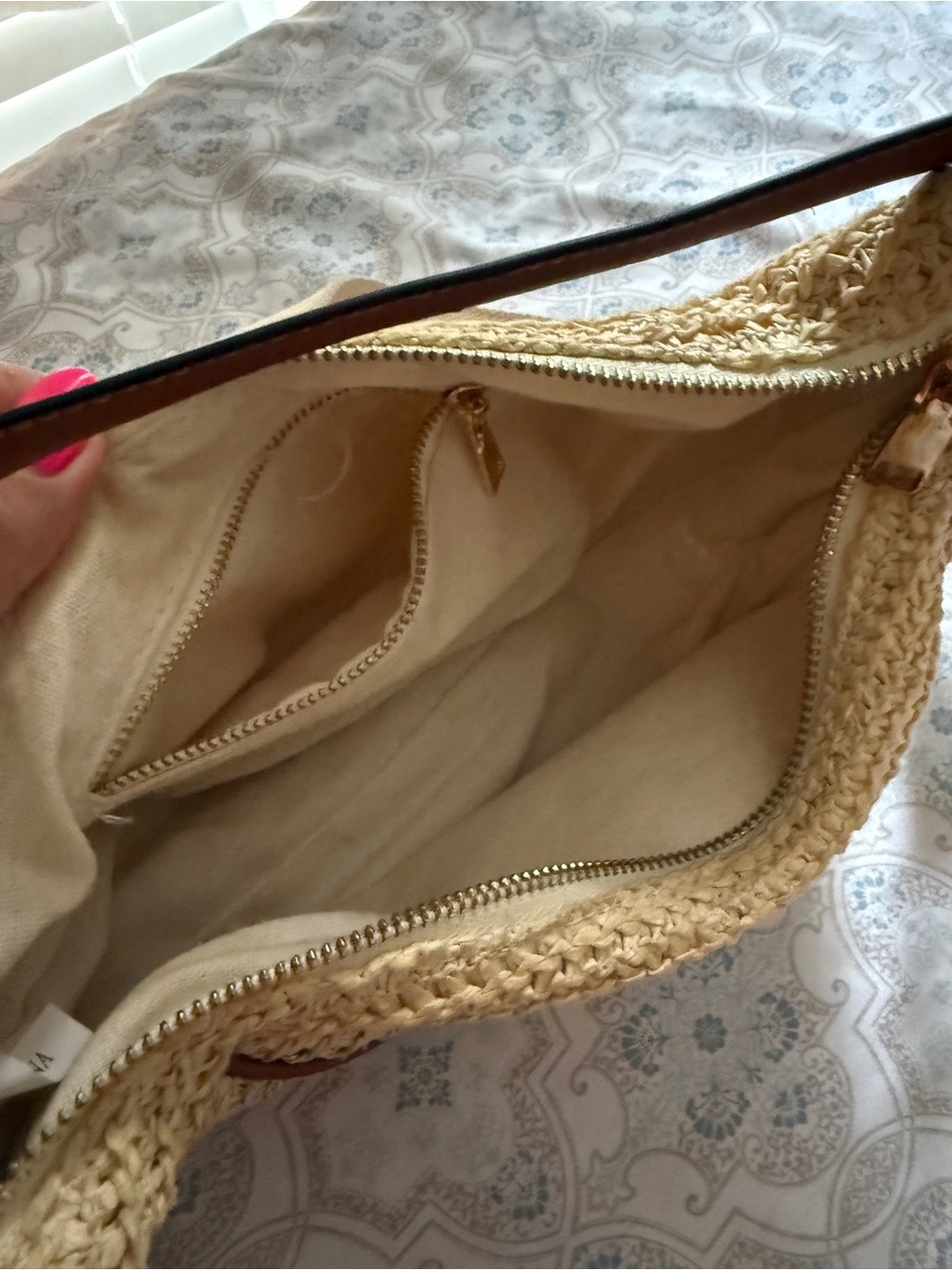 Woven Crescent Crossbody Bag in Cream with Tan Trim - Picture 7 of 8